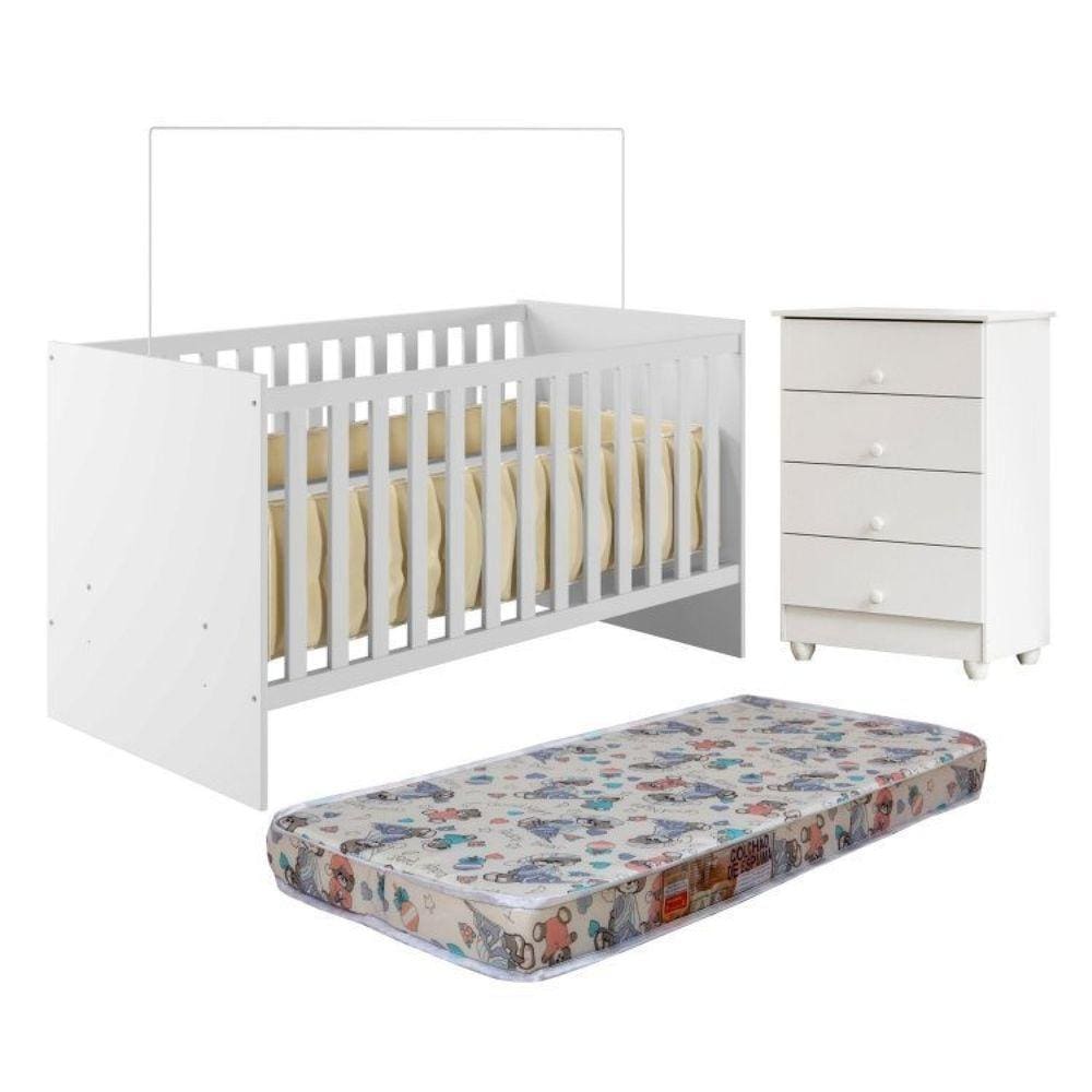 Quarto de Bebê com Berço com Colchão Suporte Life e Cômoda de Bebê 100% Mdf 4 Gavetas Soft Life Branco