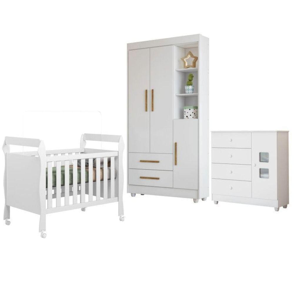 Quarto de Bebê Berço Mini Cama, Cômoda 1 Porta 4 Gavetas e Roupeiro Flocos 3 Portas 2 Gavetas Branco