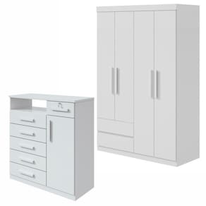 Conjunto de Guarda-Roupa Solteiro 4 Portas 2 Gavetas Zeuse Cômoda 1 Porta 6 Gavetas Da Vinci Branco