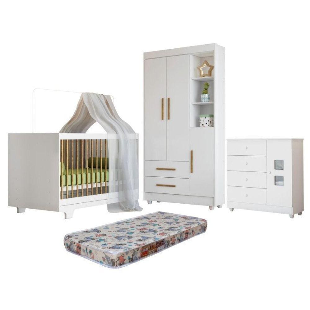Quarto de Bebê com Berço Mini Cama, Cômoda 1 Porta 4 Gavetas e Roupeiro Flocos 3 Portas 2 Gavetas Branco