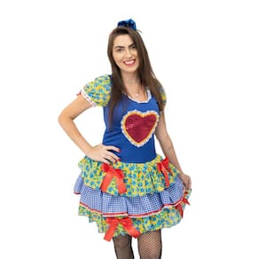 Vestido Caipira Feminino Junino Azul Florido c/ Coração Arco