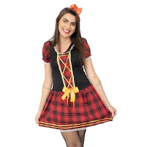 Vestido Junino Feminino Xadrez Vermelho Preto com Arco Laço