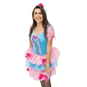 Vestido Feminino Caipira Rosa e Azul Xadrez Junino com Arco