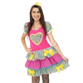 Vestido Feminino Caipira Florido Rosa Pink São João com Arco