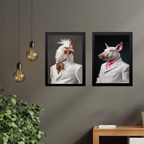 Kit 2 Quadros Animais - Porco E Galo Elegantes 33X24Cm Vidro