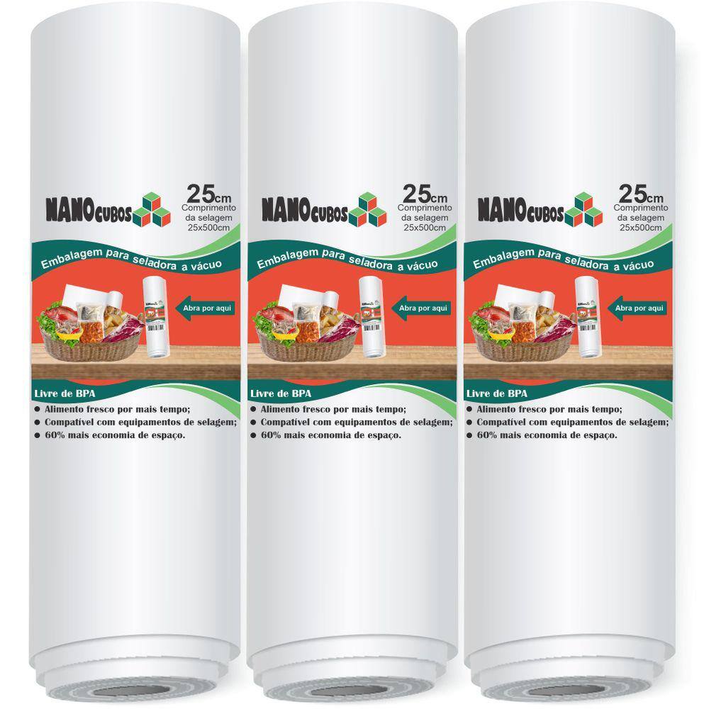 3 Rolos Nanocubos 25X500 Sacos Ranhura Para Seladora A Vácuo