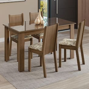 Conjunto Sala de Jantar Mesa Tampo de Vidro 4 Cadeiras Rustic/Lírio Bege Kiara Madesa