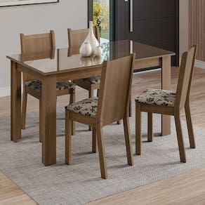 Conjunto Sala de Jantar Mesa Tampo de Vidro 4 Cadeiras Rustic/Bege Marrom Kiara Madesa