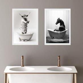 Kit 2 Quadros Para Decorar Banheiro - Boi E Cavalo 45X34Cm