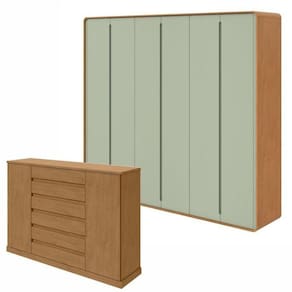 Conjunto de Guarda-Roupa Casal Loop 6 Portase Cômoda 2 Portas 7 Gavetas 3 Prateleiras Vedra Amendoa Clean/Salvia