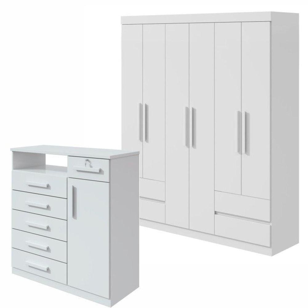 Conjunto de Guarda-Roupa Casal com Espelho 6 Portas 4 Gavetas Zeus e Cômoda Da Vinci Branco