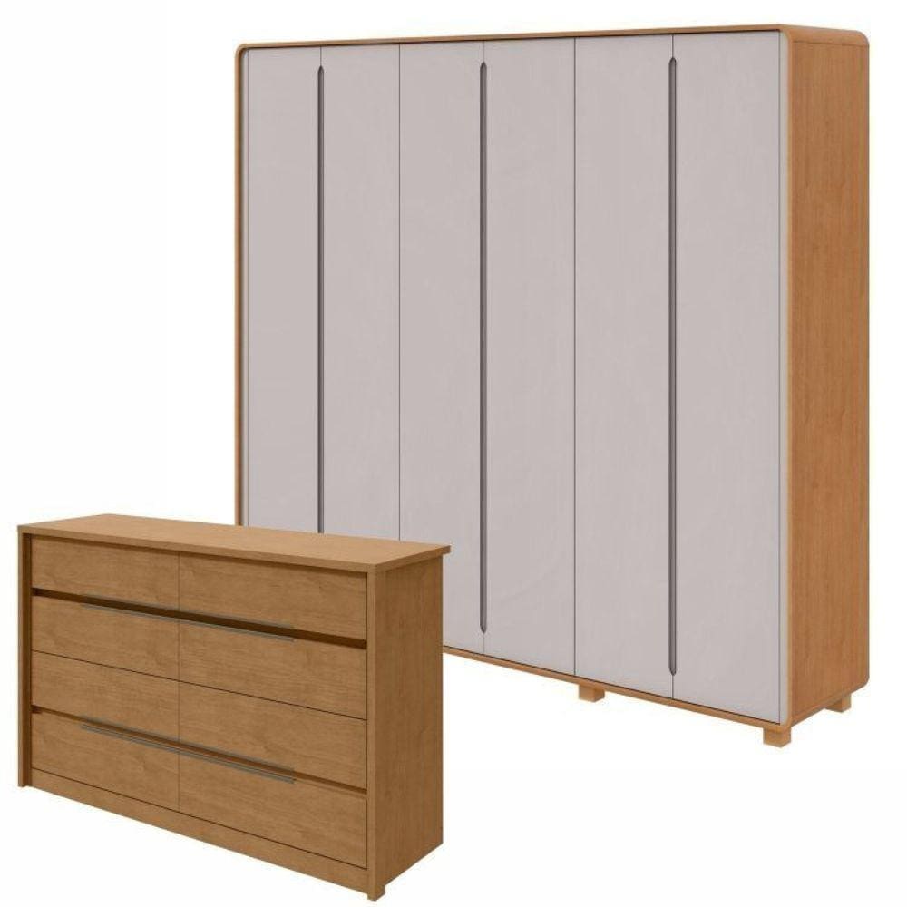 Conjunto de Guarda-Roupa Casal Loop 6 Portas com Pése Cômoda 8 Gavetas Urban Amêndoa Clean/Off White