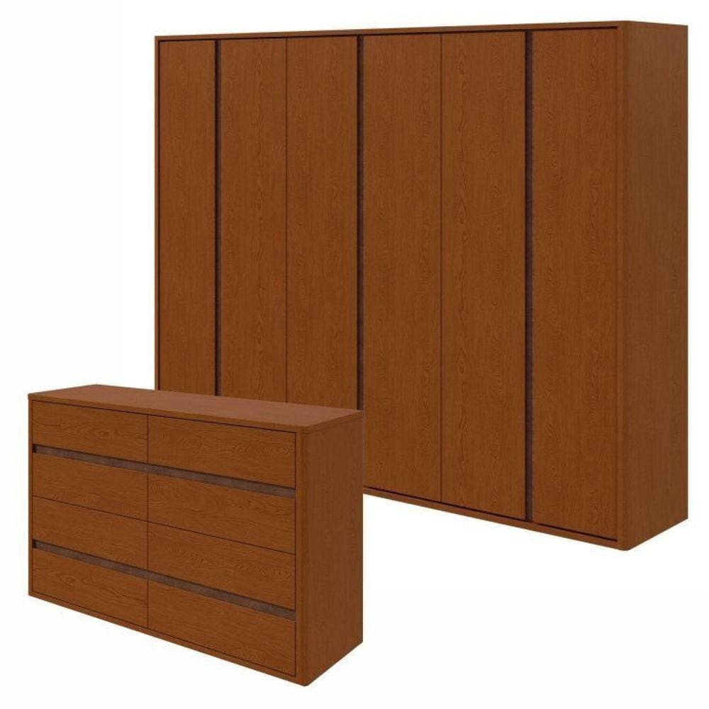 Conjunto de Guarda-Roupa Casal Leder 6 Portase Cômoda 8 Gavetas 150x95cm Leder Frassino