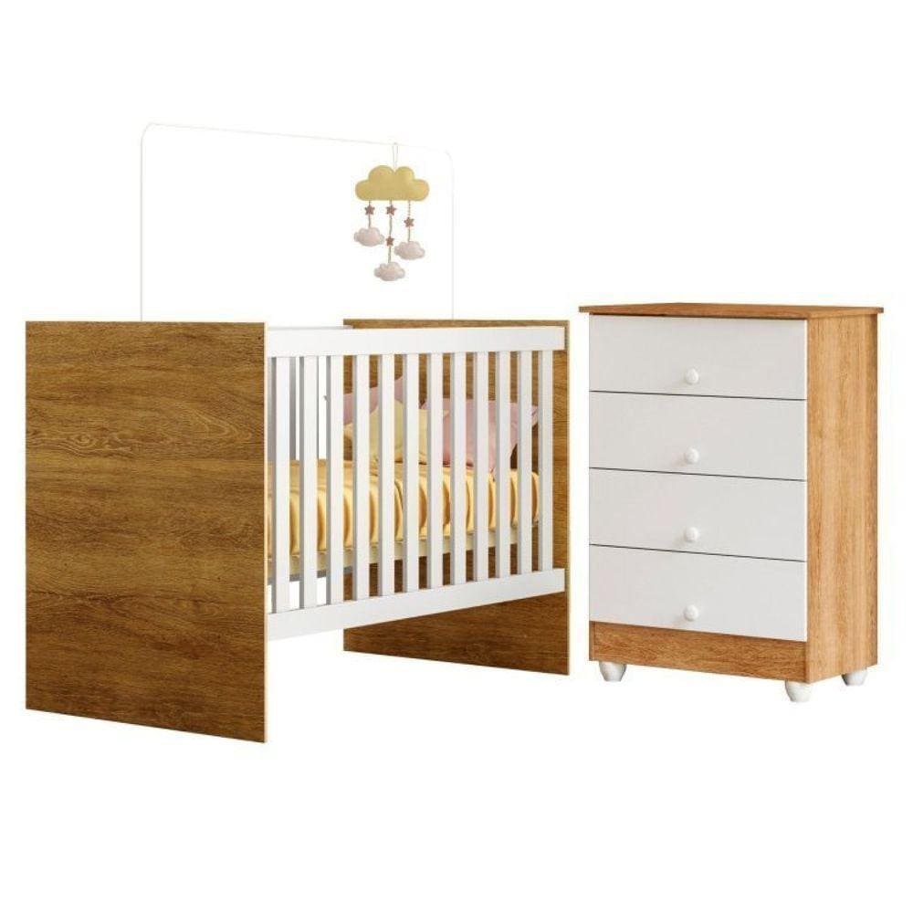 Quarto de Bebê com Berço com Suporte 100% Mdf Life e Cômoda de Bebê 100% Mdf 4 Gavetas Soft Life Branco/Madeirado Ypê