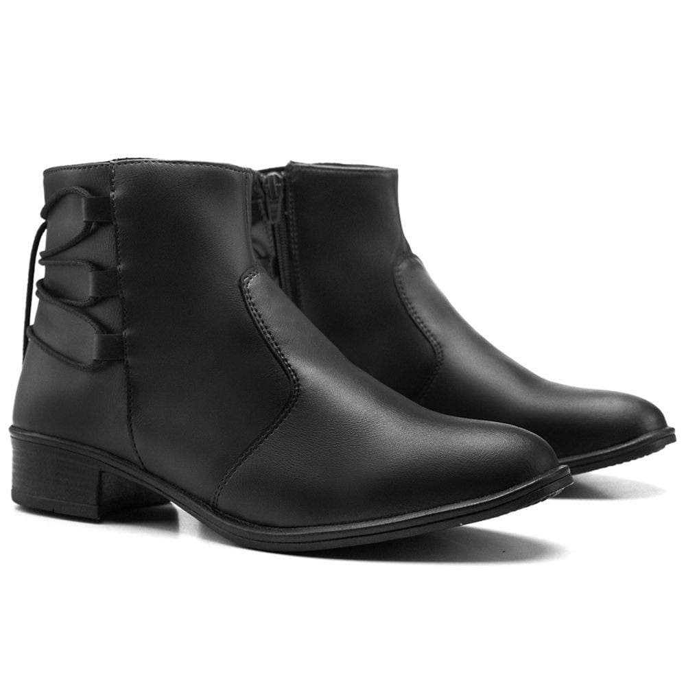 Bota Casual Feminino Cano Curto Zíper Cadarço Trançado Atrás Moda Robusto Salto Baixo