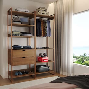 Closet Industrial Casal Loft 2 Módulos Amêndoa Cabideiro com Gavetas Base Cobre