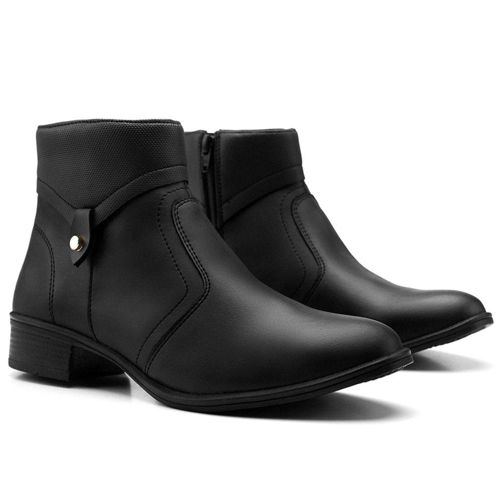 Bota Casual Feminino Cano Curto Zíper Detalhe Rebite Moda Robusto Salto Baixo
