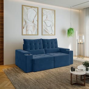 Sofá Retrátil e Reclinável com Porta Copos e Usb 3 Lugares 200cm Embaúba Extra Cabecasa Madeiramadei Azul Diamante