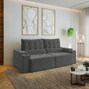 Sofá Retrátil e Reclinável com Porta Copos e Usb 3 Lugares 230cm Embaúba Extra Cabecasa Madeiramadei Grafite Fosco