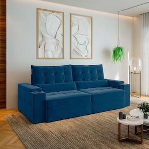 Sofá Retrátil e Reclinável com Porta Copos e Usb 4 Lugares 250cm Embaúba Extra Cabecasa Madeiramadei Azul Diamante