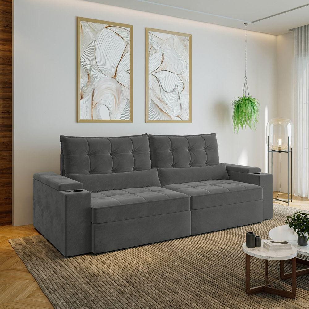Sofá Retrátil e Reclinável com Porta Copos e Usb 4 Lugares 260cm Embaúba Extra Cabecasa Madeiramadei Grafite Fosco