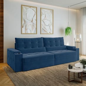 Sofá Retrátil e Reclinável com Porta Copos e Usb 4 Lugares 290cm Embaúba Extra Cabecasa Madeiramadei Azul Diamante