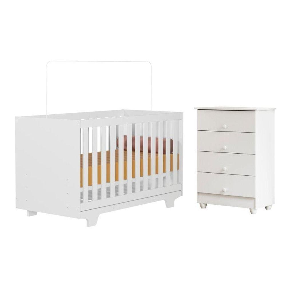 Quarto de Bebê com Berço Mini Cama 100% Mdf Life e Cômoda de Bebê 100% Mdf 4 Gavetas Soft Life Branco