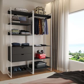 Closet Industrial Casal Loft 2 Módulos Preto Cabideiro com Gavetas Ferro Branco