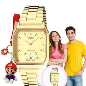Relógio de pulso Casio Unissex Vintage Masculino Feminino Analogico Digital Retro Pulseira em Aço Inóx Dourado AQ-230GA + Chaveiro