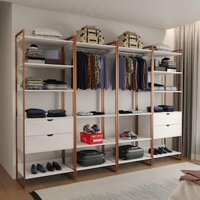 Closet Industrial Casal Completo Loft Branco 4 Módulos Cabideiro com Gavetas Base Cobre