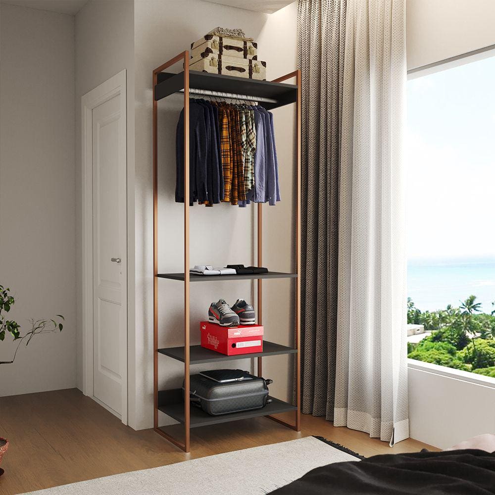 Guarda Roupa Aberto Industrial Modulado Solteiro Preto Cabideiro Base Cobre