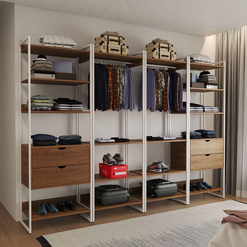 Guarda Roupa Aberto Industrial Casal Modulado Completo Amêndoa Cabideiro com Gavetas Ferro Branco