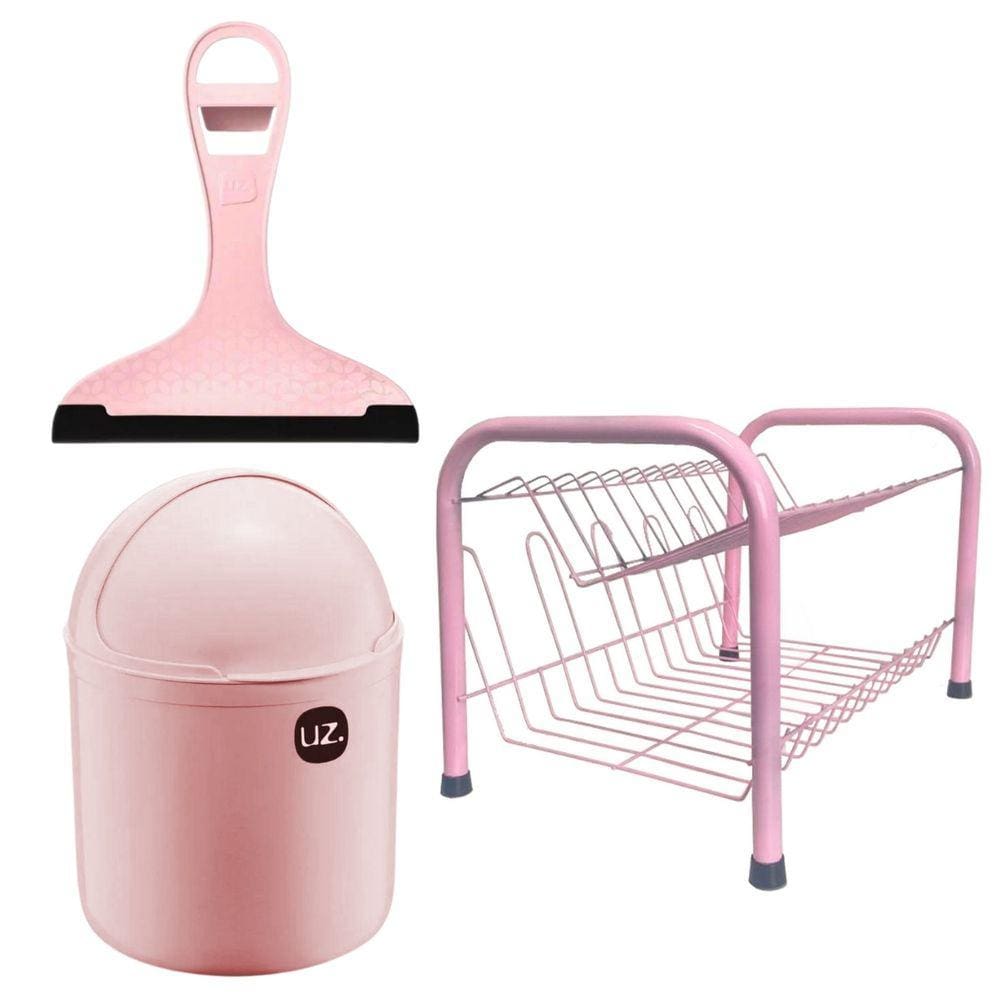Kit De Cozinha 3 Peças Escorredor Lixinho Rodinho Rosa