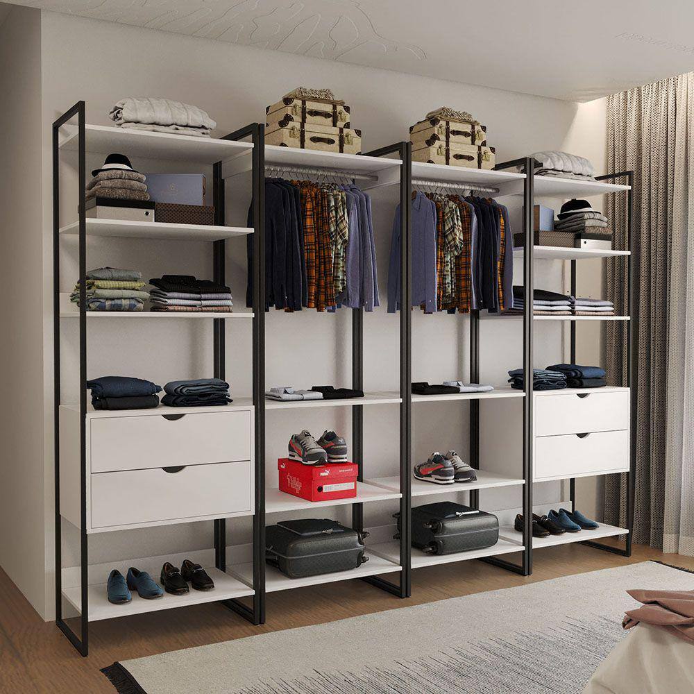 Guarda Roupa Aberto Industrial Casal Modulado Completo Branco Cabideiro com Gavetas Ferro Preto