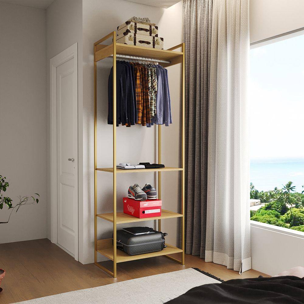 Guarda Roupa Aberto Industrial Modulado Solteiro Canela Cabideiro Base Dourada