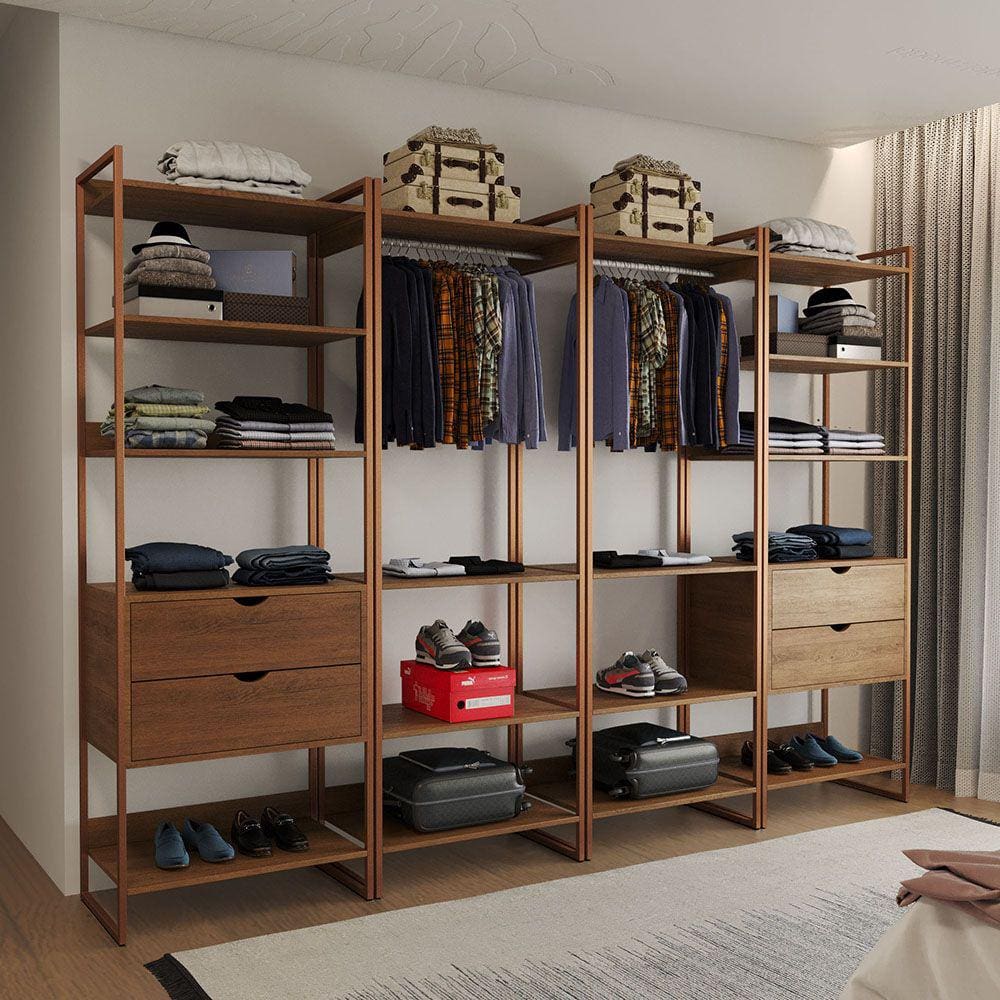 Closet Industrial Casal Completo Loft Amêndoa 4 Módulos Cabideiro com Gavetas Base Cobre