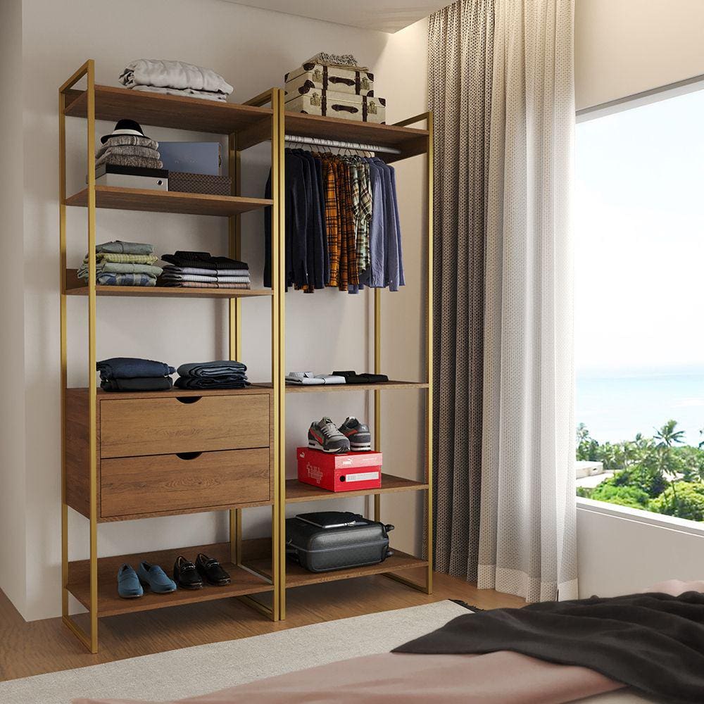 Closet Industrial Casal Loft 2 Módulos Amêndoa Cabideiro com Gavetas Base Dourada