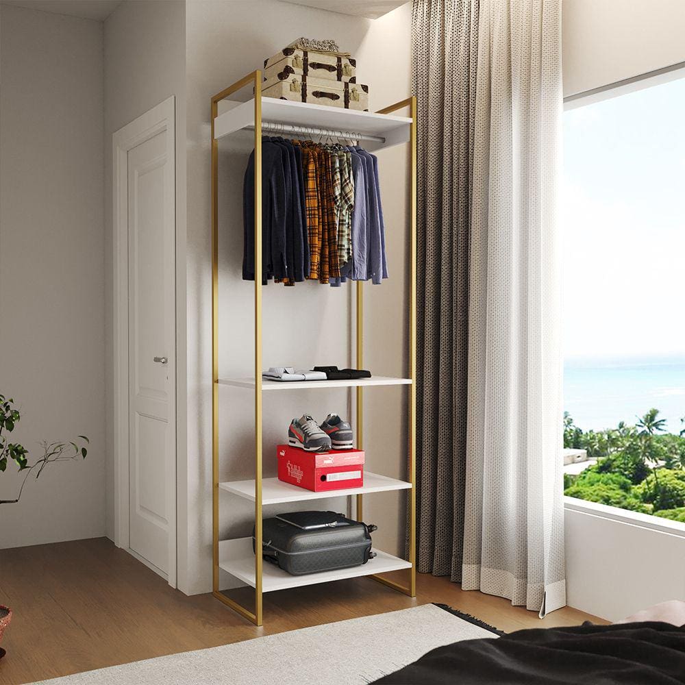 Guarda Roupa Aberto Industrial Modulado Solteiro Branco Cabideiro Base Dourada