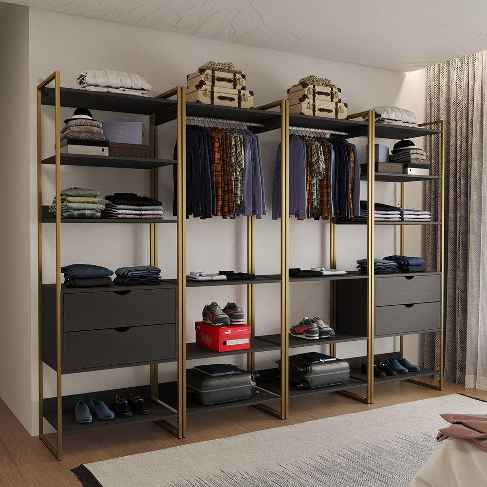 Guarda Roupa Aberto Industrial Casal Modulado Completo Preto Cabideiro com Gavetas Base Dourada