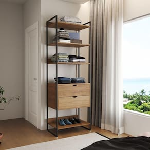 Closet Solteiro Estilo Industrial Loft 1 Módulo com Gaveta Amêndoa Ferro Preto