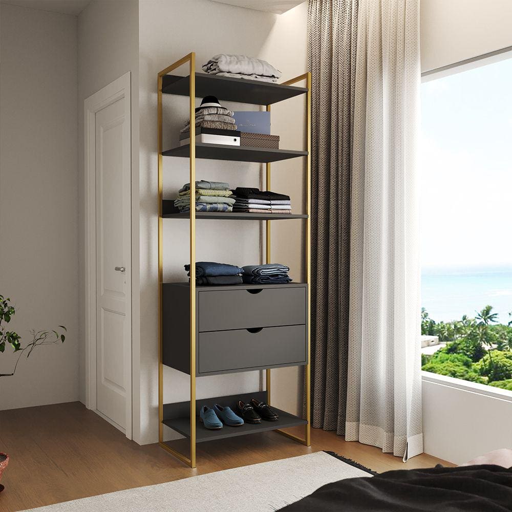 Closet Solteiro Estilo Industrial Loft 1 Módulo com Gaveta Preto Base Dourada