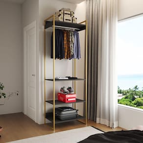 Closet Modulado Estilo Industrial Solteiro Loft Preto Cabideiro Base Dourada