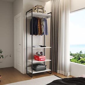 Guarda Roupa Aberto Industrial Modulado Solteiro Branco Cabideiro Ferro Preto