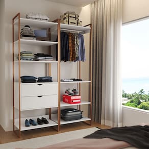 Closet Industrial Casal Loft 2 Módulos Branco Cabideiro com Gavetas Base Cobre