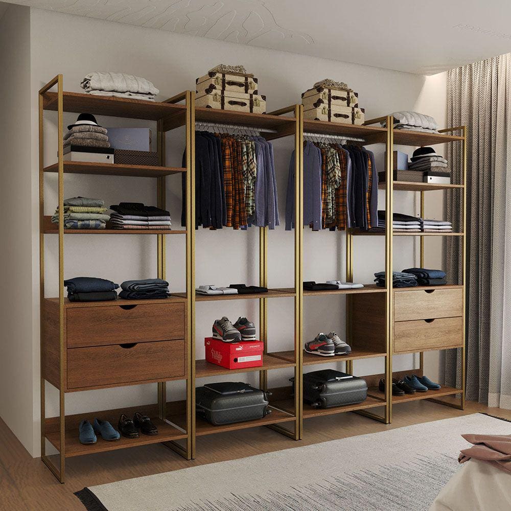 Closet Industrial Casal Completo Loft Amêndoa 4 Módulos Cabideiro com Gavetas Base Dourada