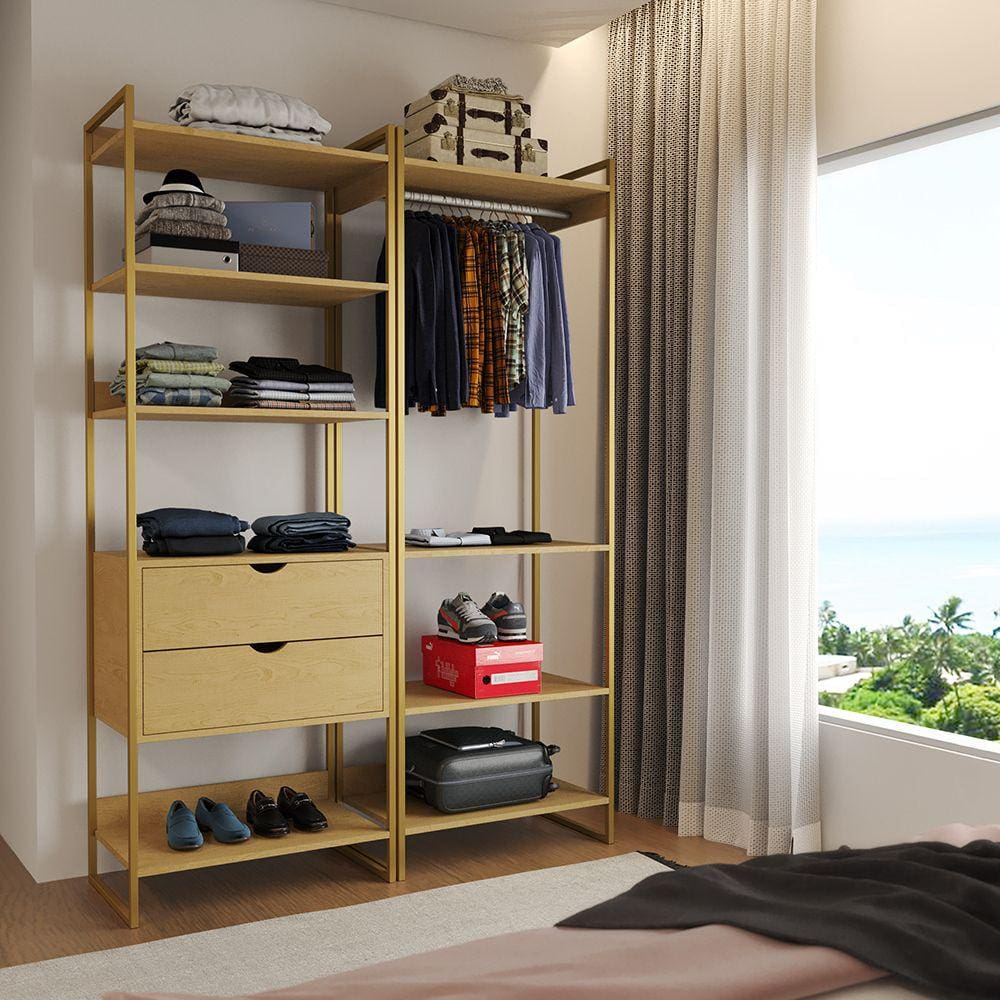 Closet Industrial Casal Loft 2 Módulos Canela Cabideiro com Gavetas Base Dourada