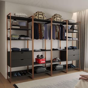 Guarda Roupa Aberto Industrial Casal Modulado Completo Preto Cabideiro com Gavetas Base Cobre