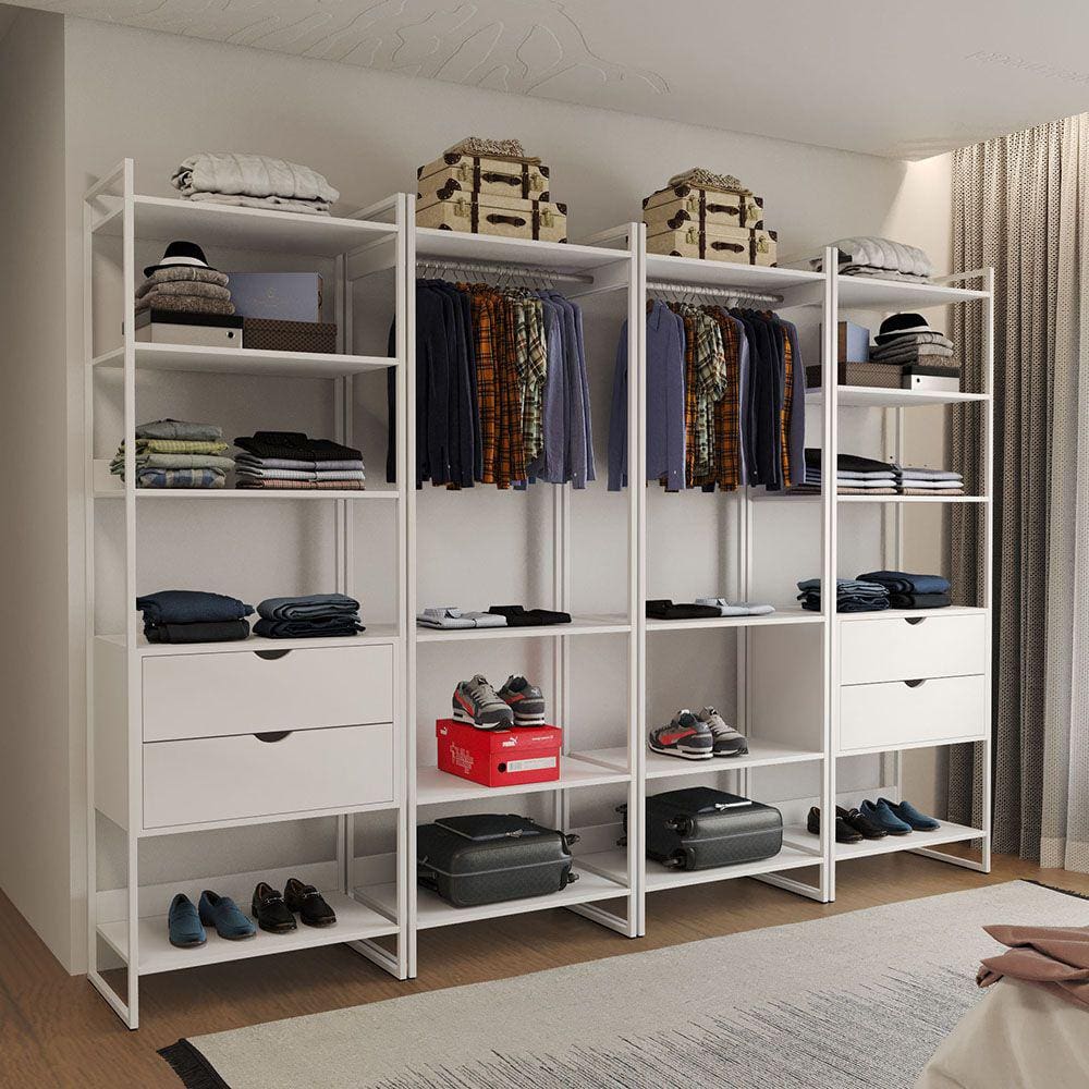 Guarda Roupa Aberto Industrial Casal Modulado Completo Branco Cabideiro com Gavetas Ferro Branco
