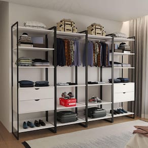 Closet Industrial Casal Completo Loft Branco 4 Módulos Cabideiro com Gavetas Ferro Preto