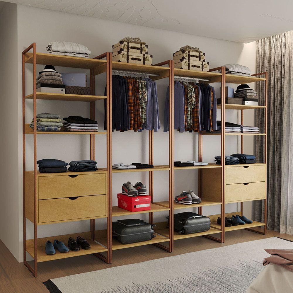 Closet Industrial Casal Completo Loft Canela 4 Módulos Cabideiro com Gavetas Base Cobre